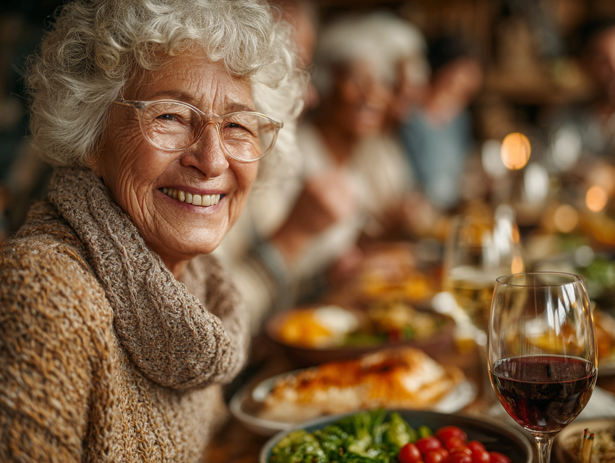 Seniori bucurându-se de o masă sănătoasă și echilibrată preparată după planul nutritional personalizat